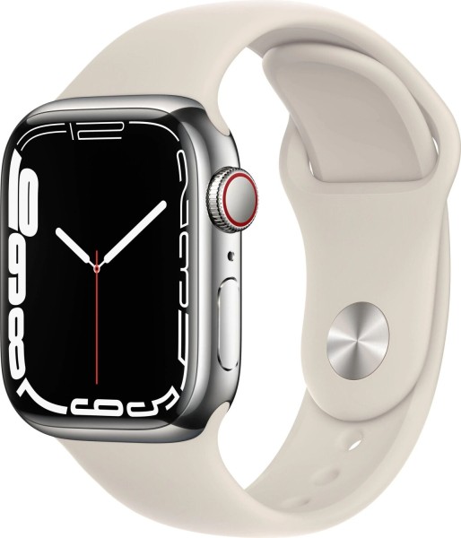 Apple Watch S7 Edelstahl 45mm Cellular Silber - Sportarmband sternenlicht